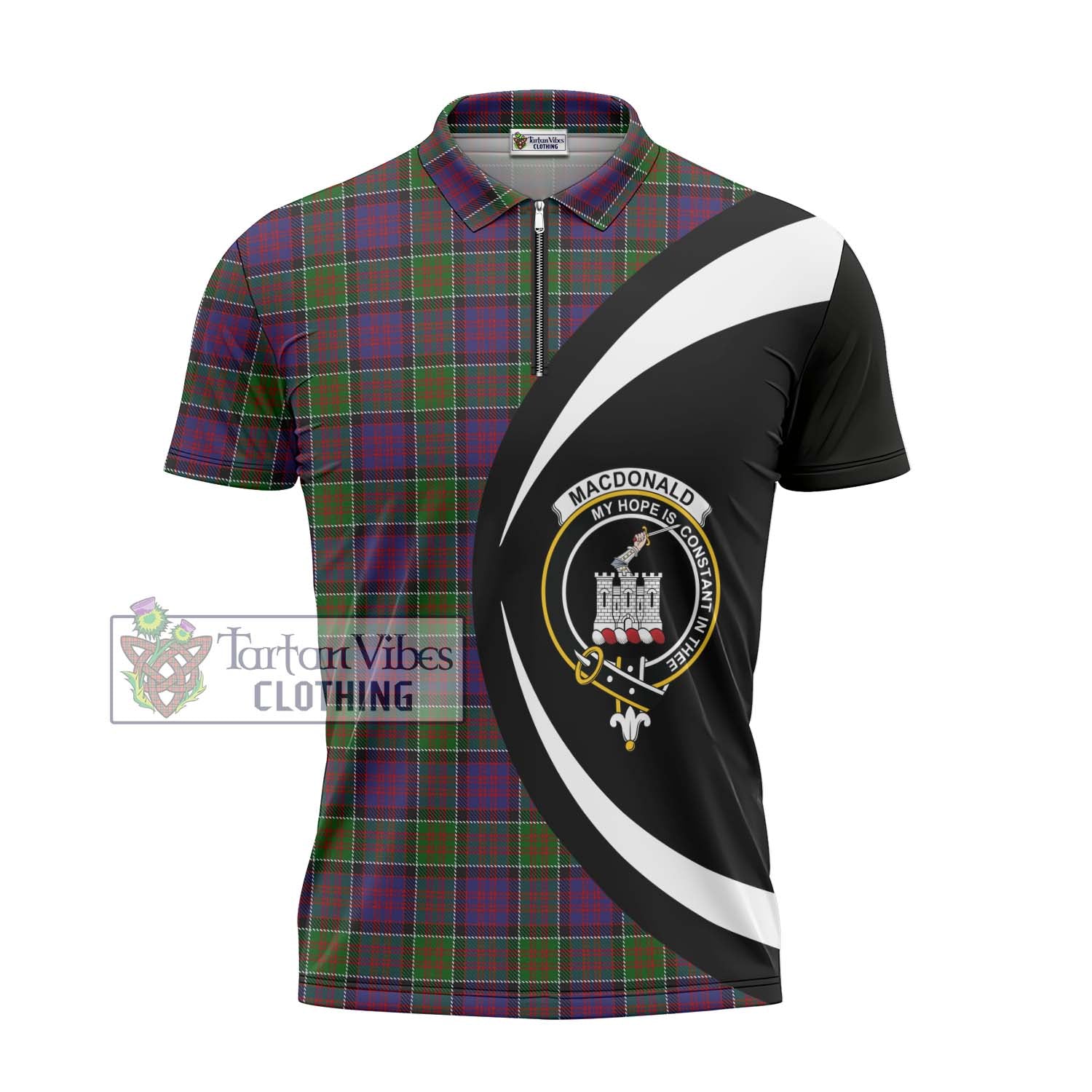 Tartan Vibes Clothing MacDonald of Clan Ranald Modern Tartan Zipper Polo Shirt with Family Crest Circle Style