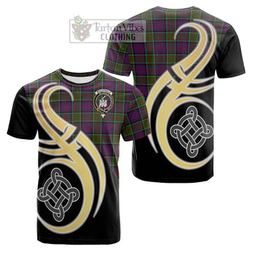 MacDonald of Clan Ranald Modern Tartan Cotton T-shirt with Family Crest and Celtic Symbol Style