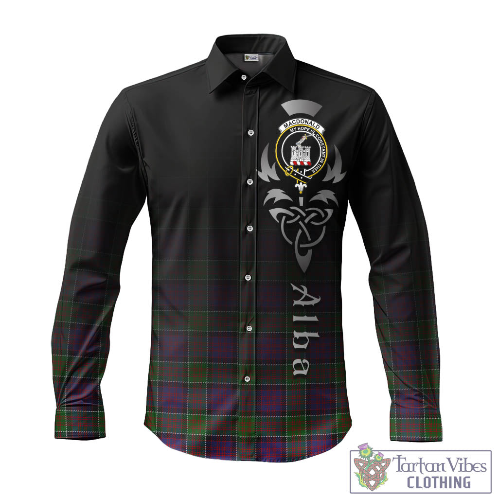 Tartan Vibes Clothing MacDonald of Clan Ranald Modern Tartan Long Sleeve Button Up Featuring Alba Gu Brath Family Crest Celtic Inspired