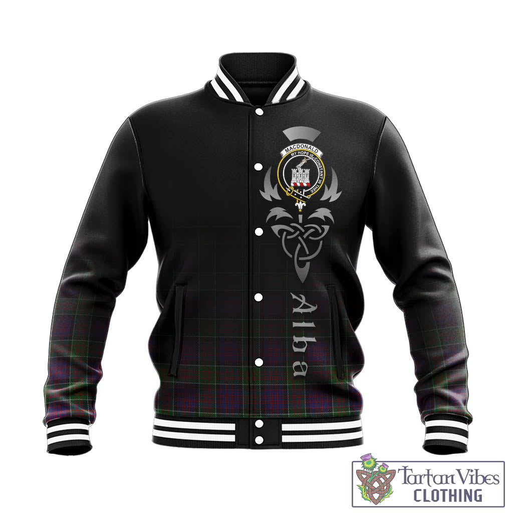 Tartan Vibes Clothing MacDonald of Clan Ranald Modern Tartan Baseball Jacket Featuring Alba Gu Brath Family Crest Celtic Inspired