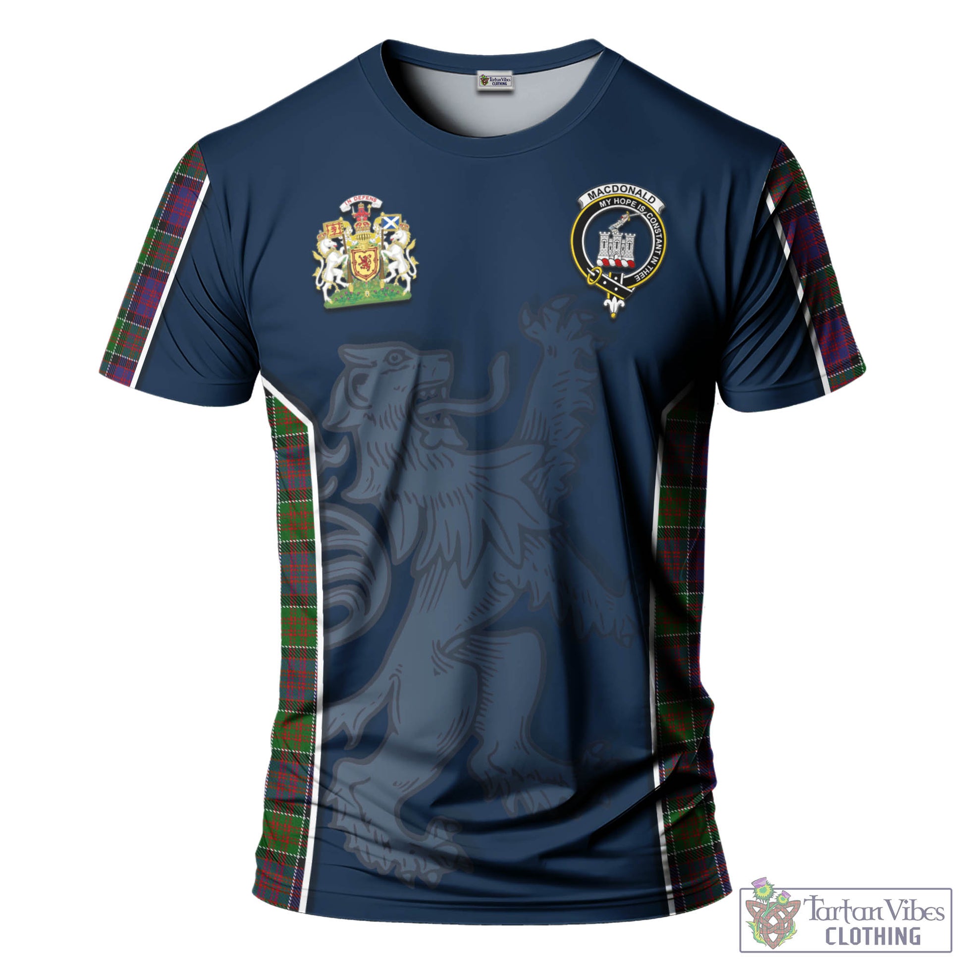 Tartan Vibes Clothing MacDonald of Clan Ranald Modern Tartan T-Shirt with Family Crest and Lion Rampant Vibes Sport Style