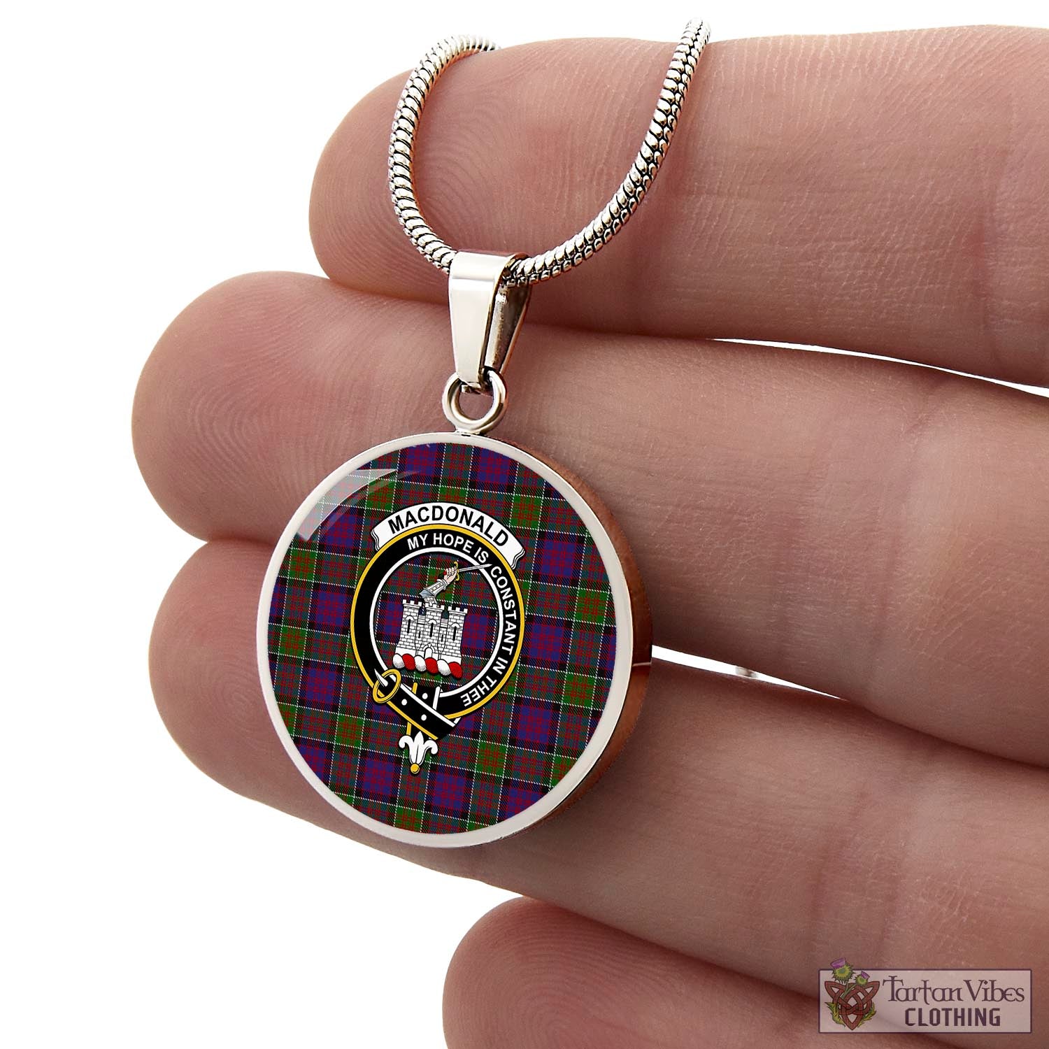 Tartan Vibes Clothing MacDonald of Clan Ranald Modern Tartan Circle Necklace with Family Crest