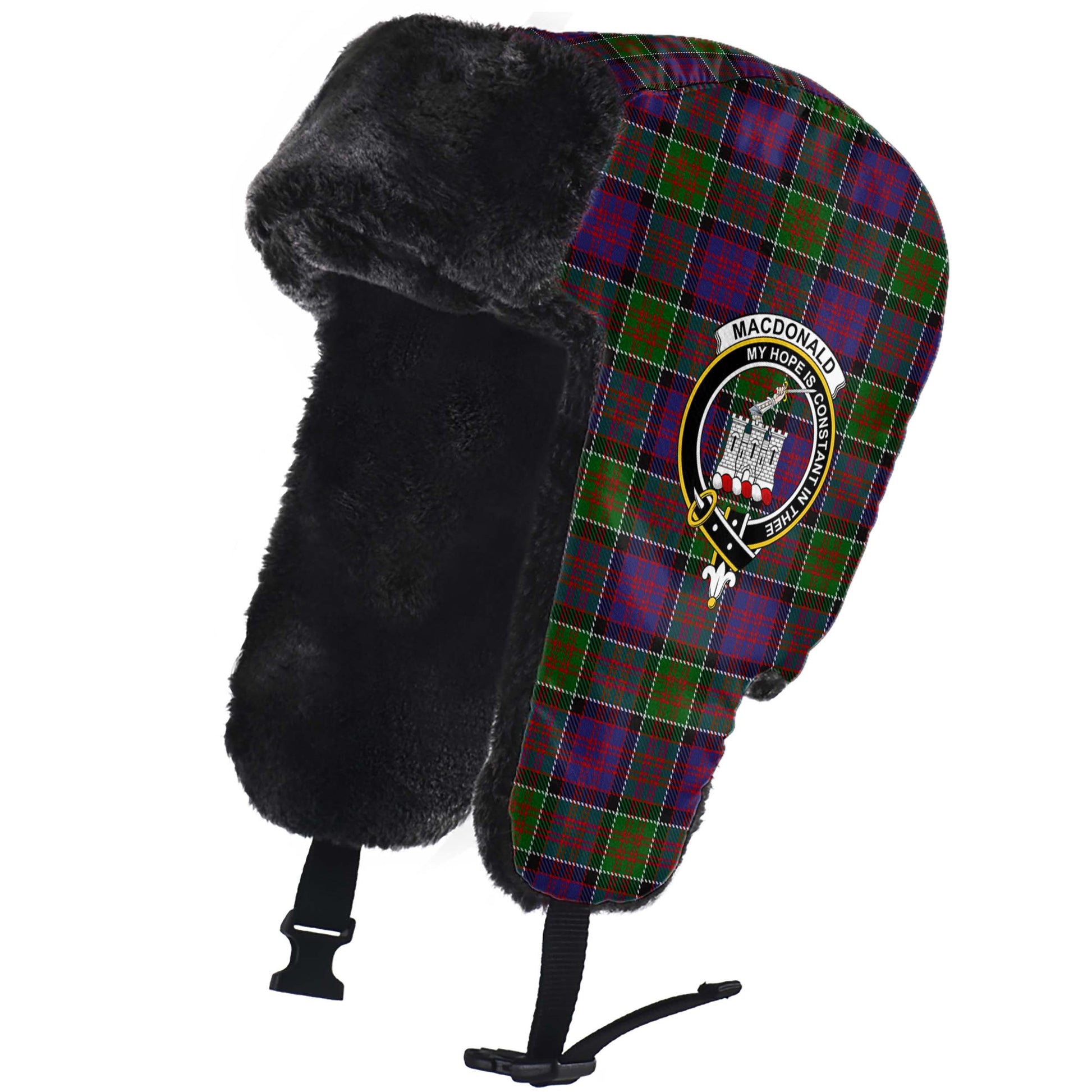 MacDonald of Clan Ranald Modern Tartan Winter Trapper Hat with Family Crest - Tartanvibesclothing