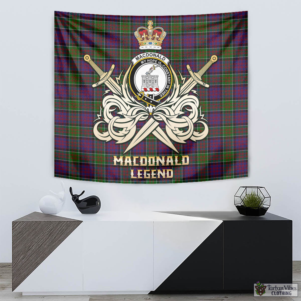 Tartan Vibes Clothing MacDonald of Clan Ranald Modern Tartan Tapestry with Clan Crest and the Golden Sword of Courageous Legacy