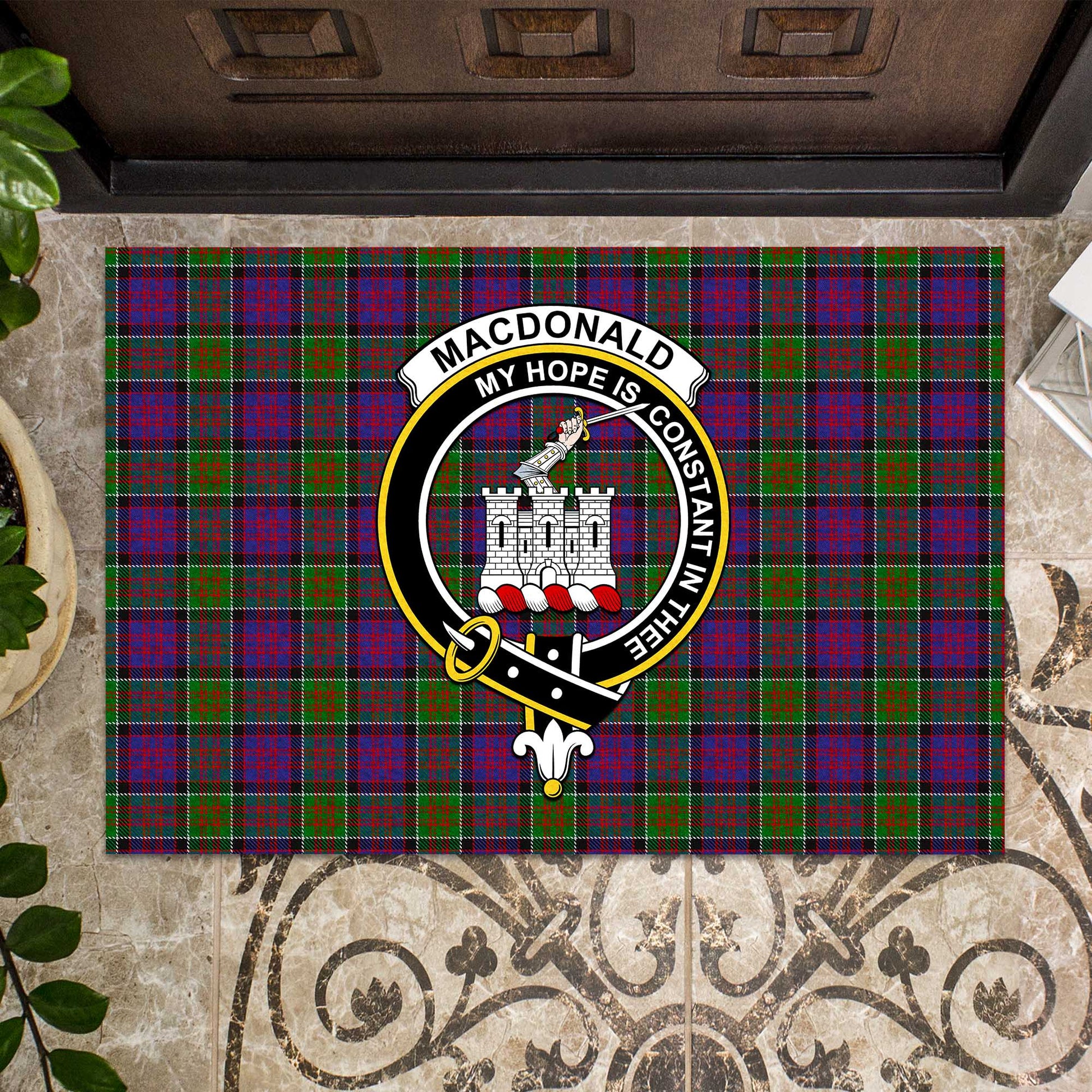 MacDonald of Clan Ranald Modern Tartan Door Mat with Family Crest - Tartanvibesclothing