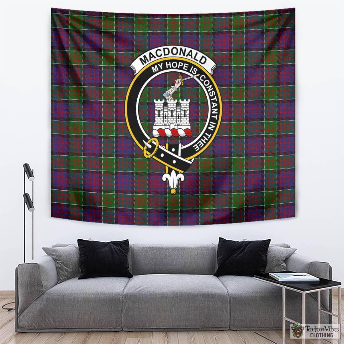 Tartan Vibes Clothing MacDonald of Clan Ranald Modern Tartan Tapestry Wall Hanging and Home Decor for Room with Family Crest