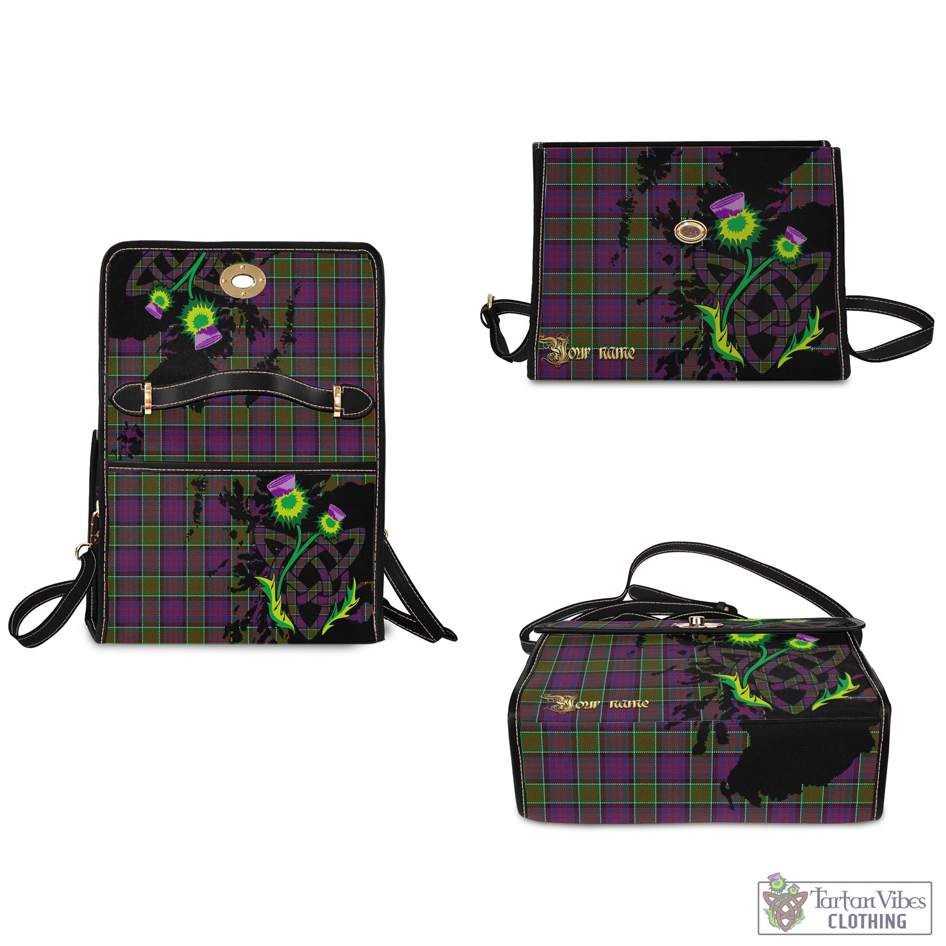 Tartan Vibes Clothing MacDonald of Clan Ranald Modern Tartan Waterproof Canvas Bag with Scotland Map and Thistle Celtic Accents