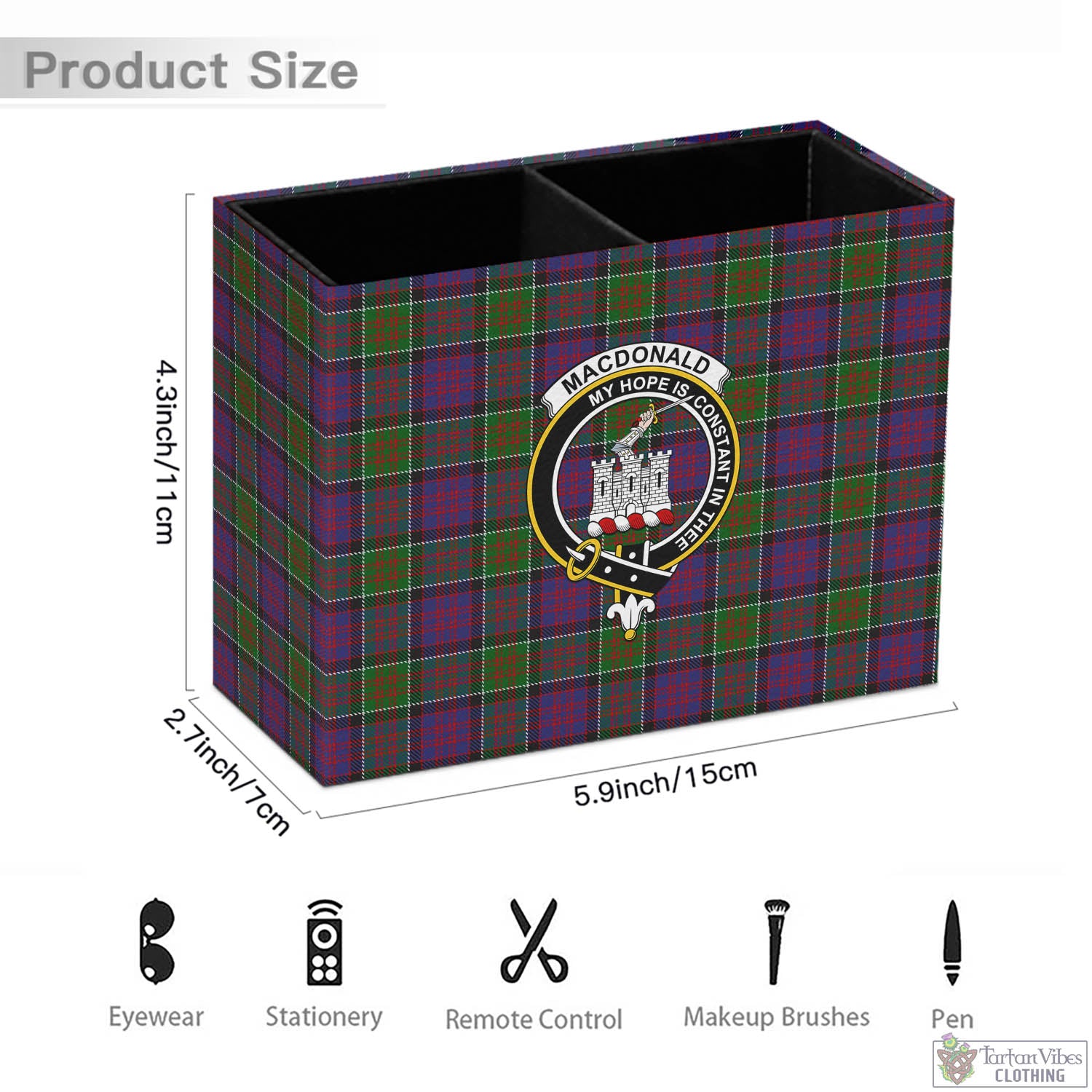 Tartan Vibes Clothing MacDonald of Clan Ranald Modern Tartan Pen Holder with Family Crest