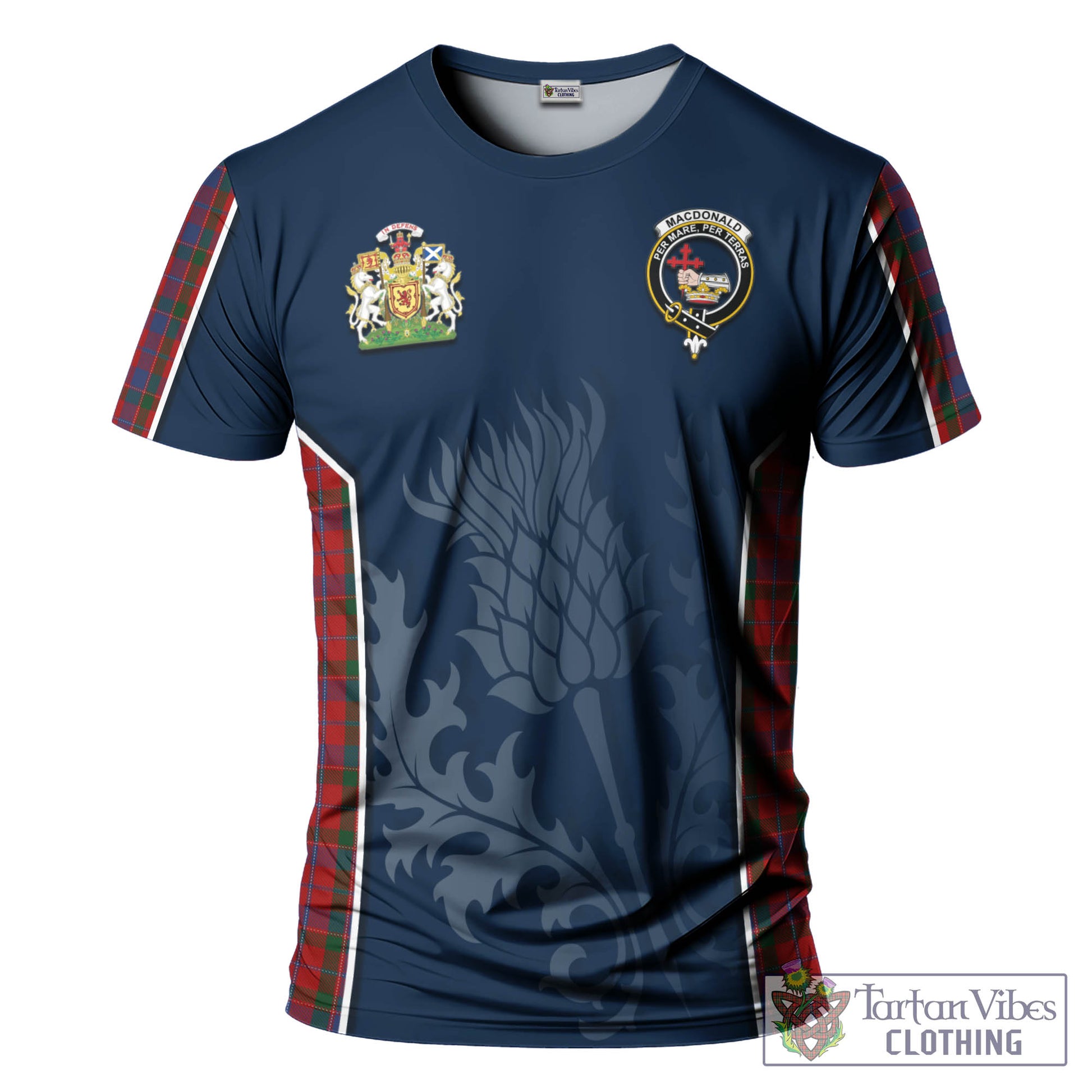 Tartan Vibes Clothing MacDonald of Glenaladale Tartan T-Shirt with Family Crest and Scottish Thistle Vibes Sport Style