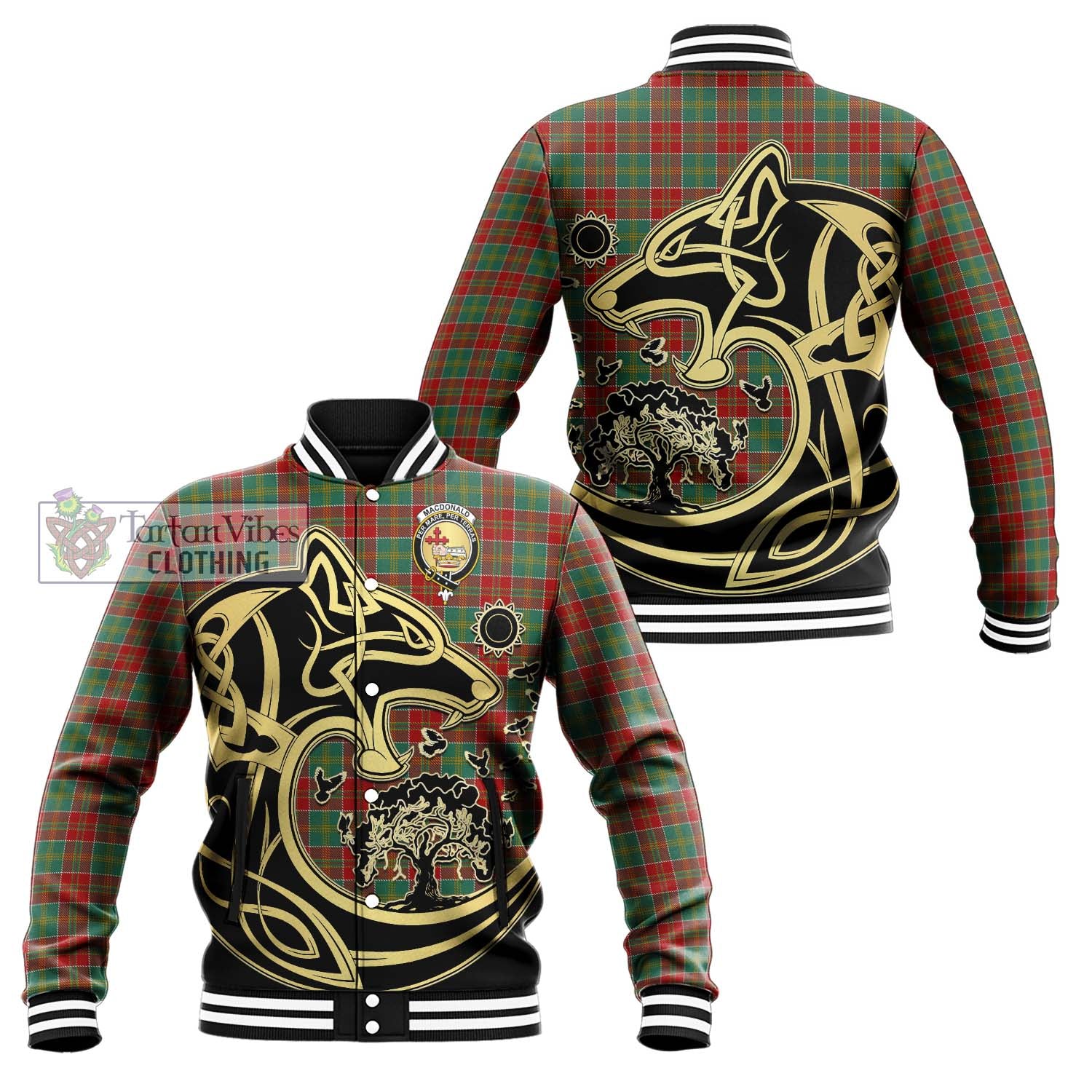 MacDonald of Kingsburgh Tartan Baseball Jacket with Family Crest Celtic Wolf Style Unisex - Tartan Vibes Clothing