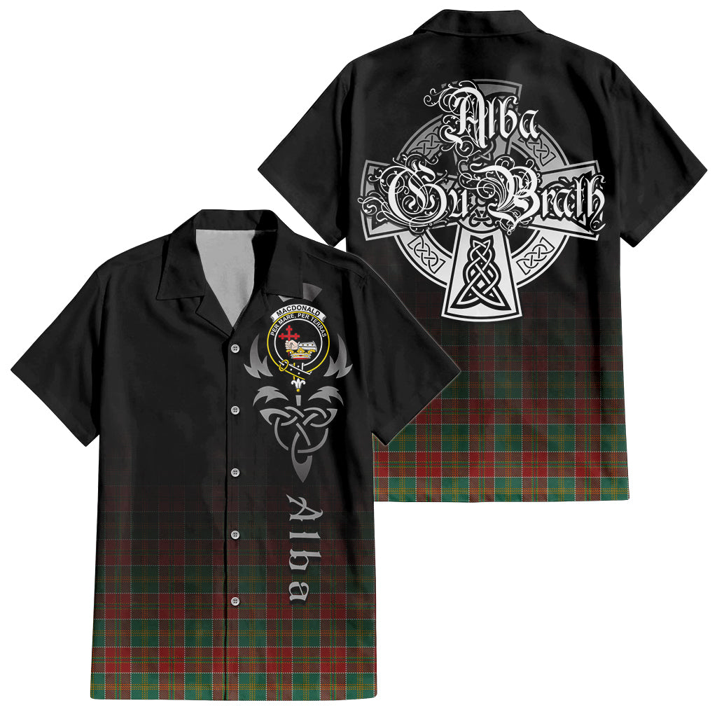 Tartan Vibes Clothing MacDonald of Kingsburgh Tartan Short Sleeve Button Up Featuring Alba Gu Brath Family Crest Celtic Inspired