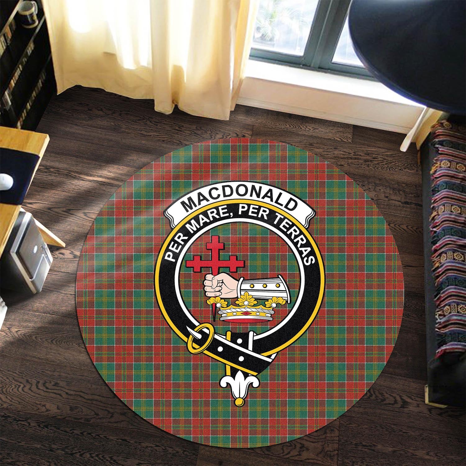 macdonald-of-kingsburgh-tartan-round-rug-with-family-crest