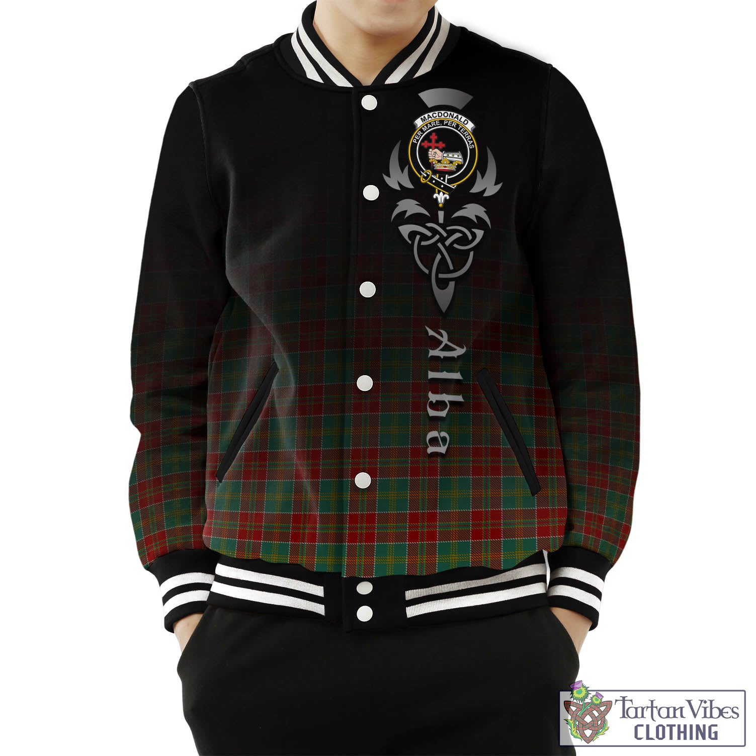 Tartan Vibes Clothing MacDonald of Kingsburgh Tartan Baseball Jacket Featuring Alba Gu Brath Family Crest Celtic Inspired