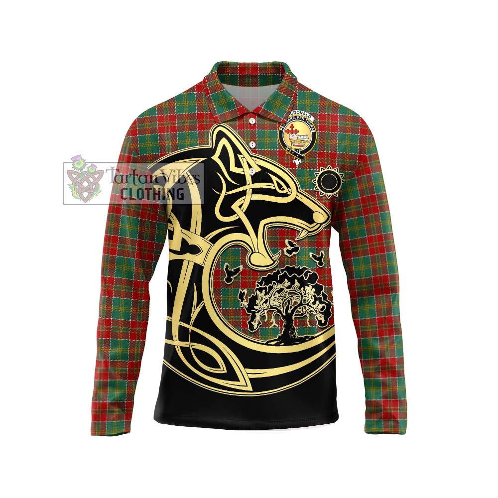 MacDonald of Kingsburgh Tartan Long Sleeve Polo Shirt with Family Crest Celtic Wolf Style Unisex - Tartanvibesclothing Shop