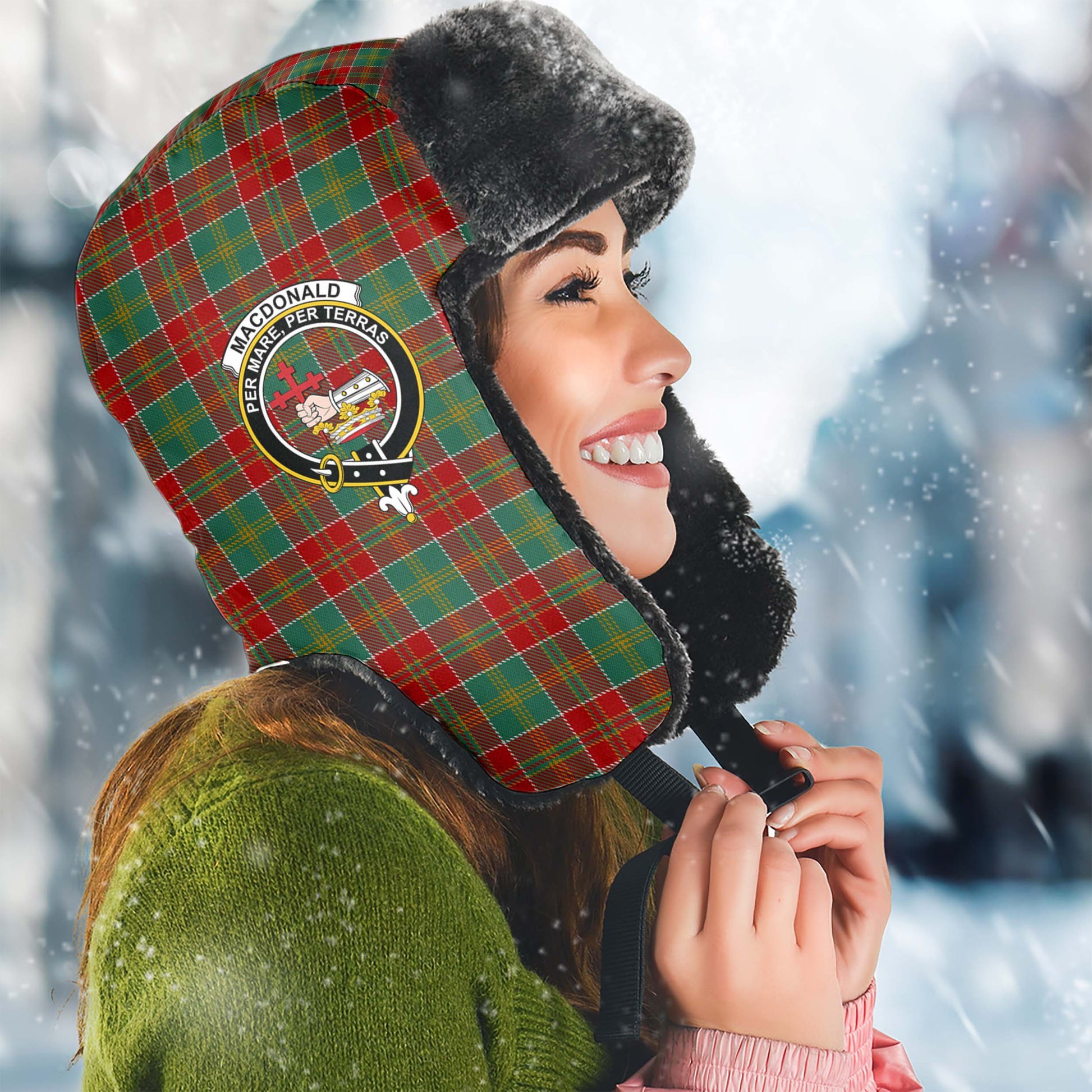 MacDonald of Kingsburgh Tartan Winter Trapper Hat with Family Crest Winter Trapper Hat Universal Fit Circumference 22.8in (58cm) - Tartanvibesclothing