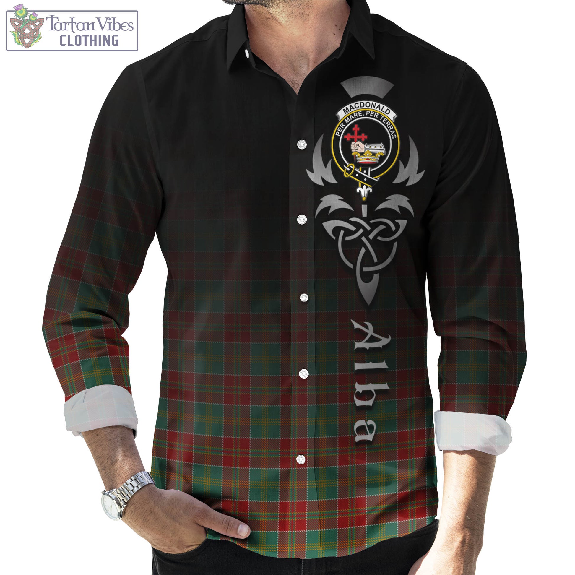 Tartan Vibes Clothing MacDonald of Kingsburgh Tartan Long Sleeve Button Up Featuring Alba Gu Brath Family Crest Celtic Inspired