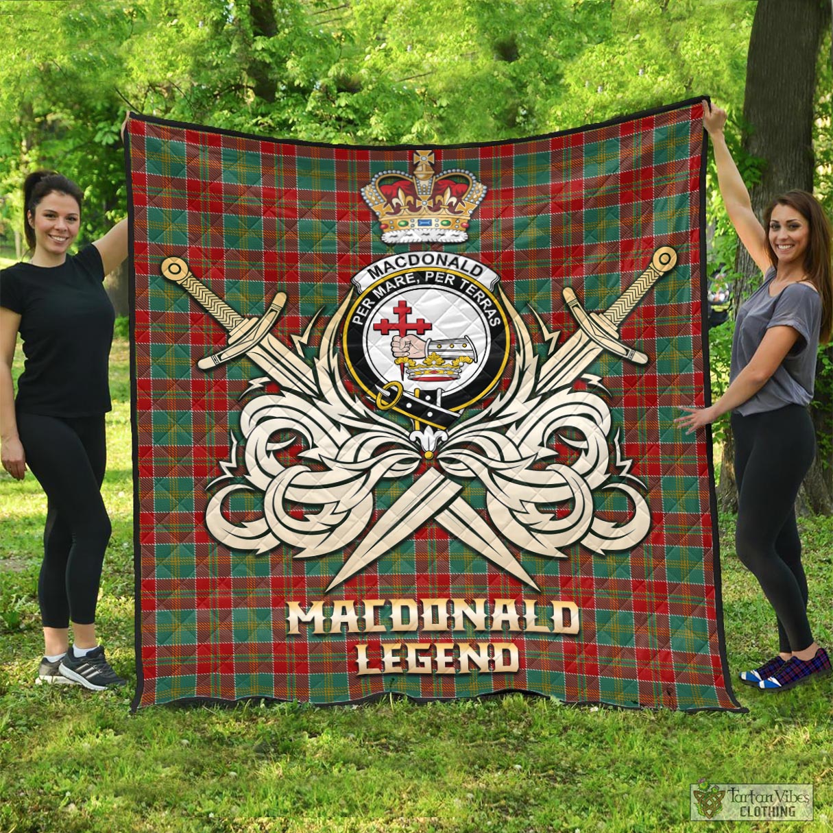 Tartan Vibes Clothing MacDonald of Kingsburgh Tartan Quilt with Clan Crest and the Golden Sword of Courageous Legacy