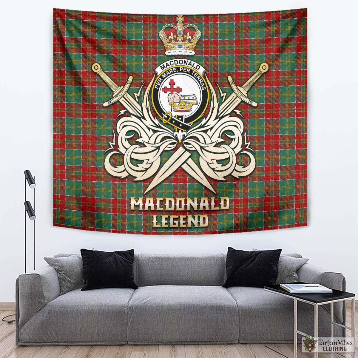 Tartan Vibes Clothing MacDonald of Kingsburgh Tartan Tapestry with Clan Crest and the Golden Sword of Courageous Legacy