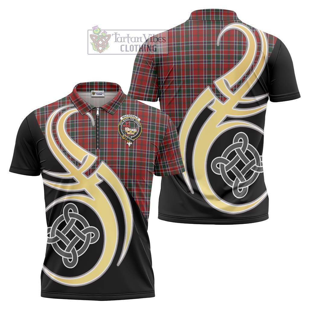 Tartan Vibes Clothing MacDonald of Lochmaddy Tartan Zipper Polo Shirt with Family Crest and Celtic Symbol Style