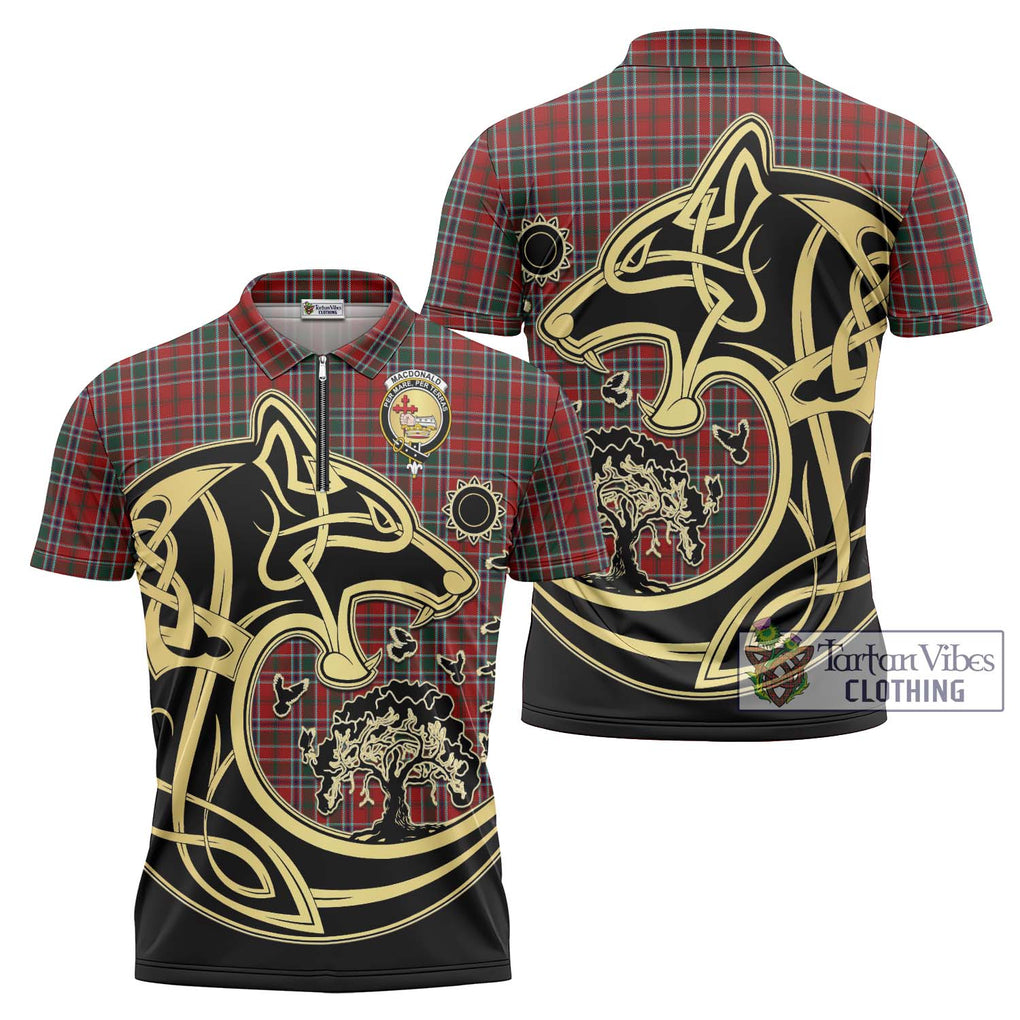 MacDonald of Lochmaddy Tartan Zipper Polo Shirt with Family Crest Celtic Wolf Style Unisex - Tartanvibesclothing Shop