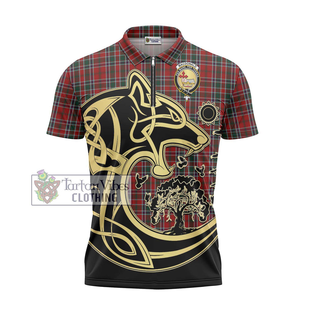 MacDonald of Lochmaddy Tartan Zipper Polo Shirt with Family Crest Celtic Wolf Style - Tartanvibesclothing Shop