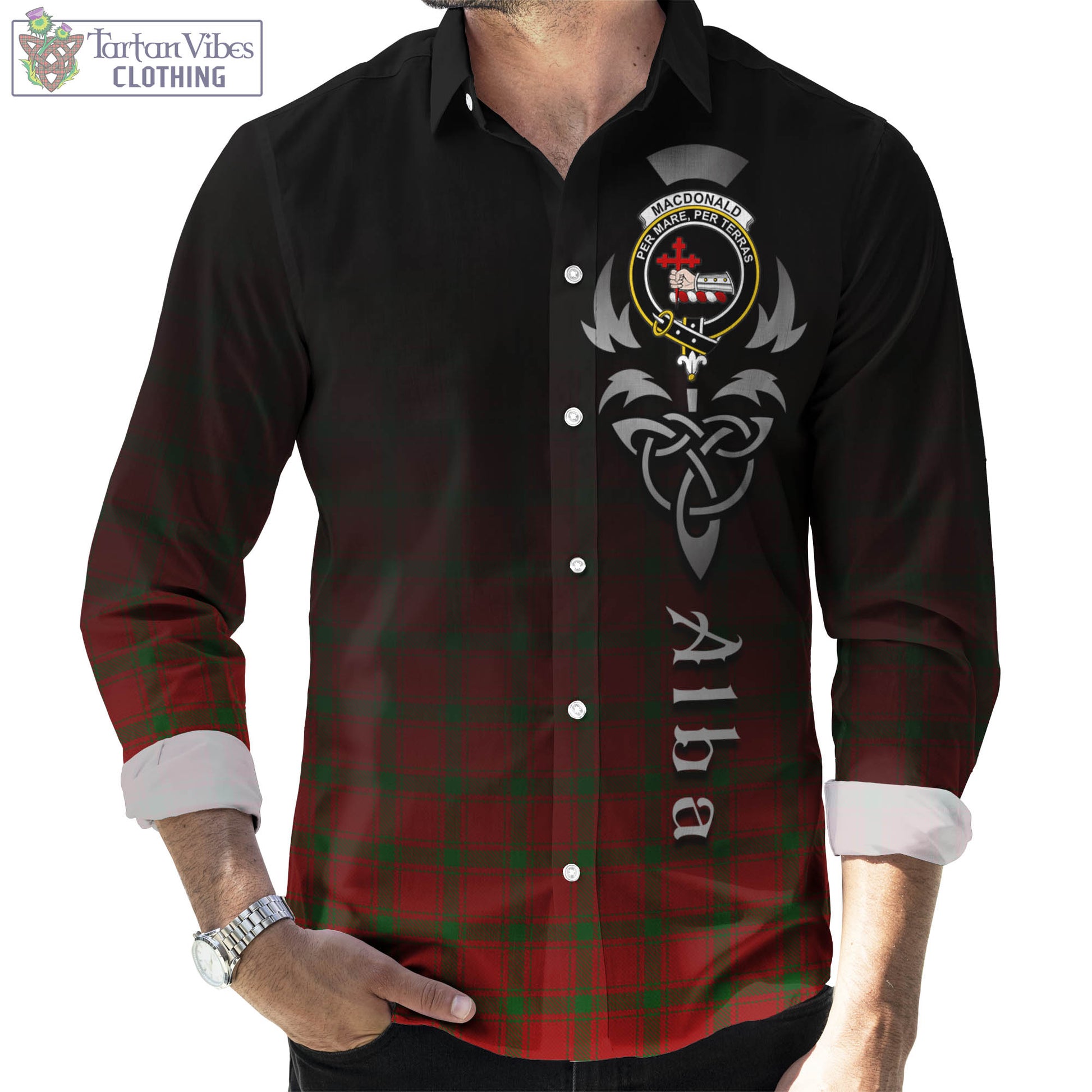 Tartan Vibes Clothing MacDonald of Sleat Tartan Long Sleeve Button Up Featuring Alba Gu Brath Family Crest Celtic Inspired