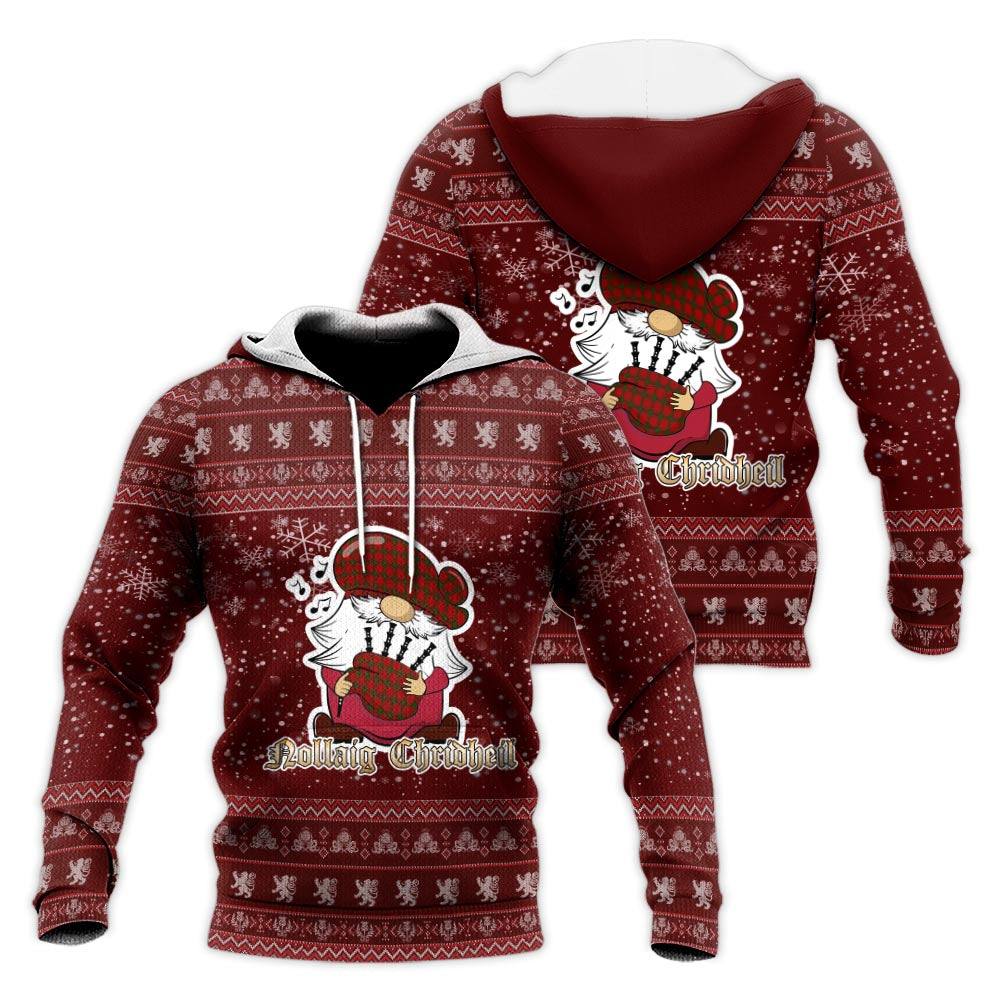 MacDonald of Sleat Clan Christmas Knitted Hoodie with Funny Gnome Playing Bagpipes Red - Tartanvibesclothing
