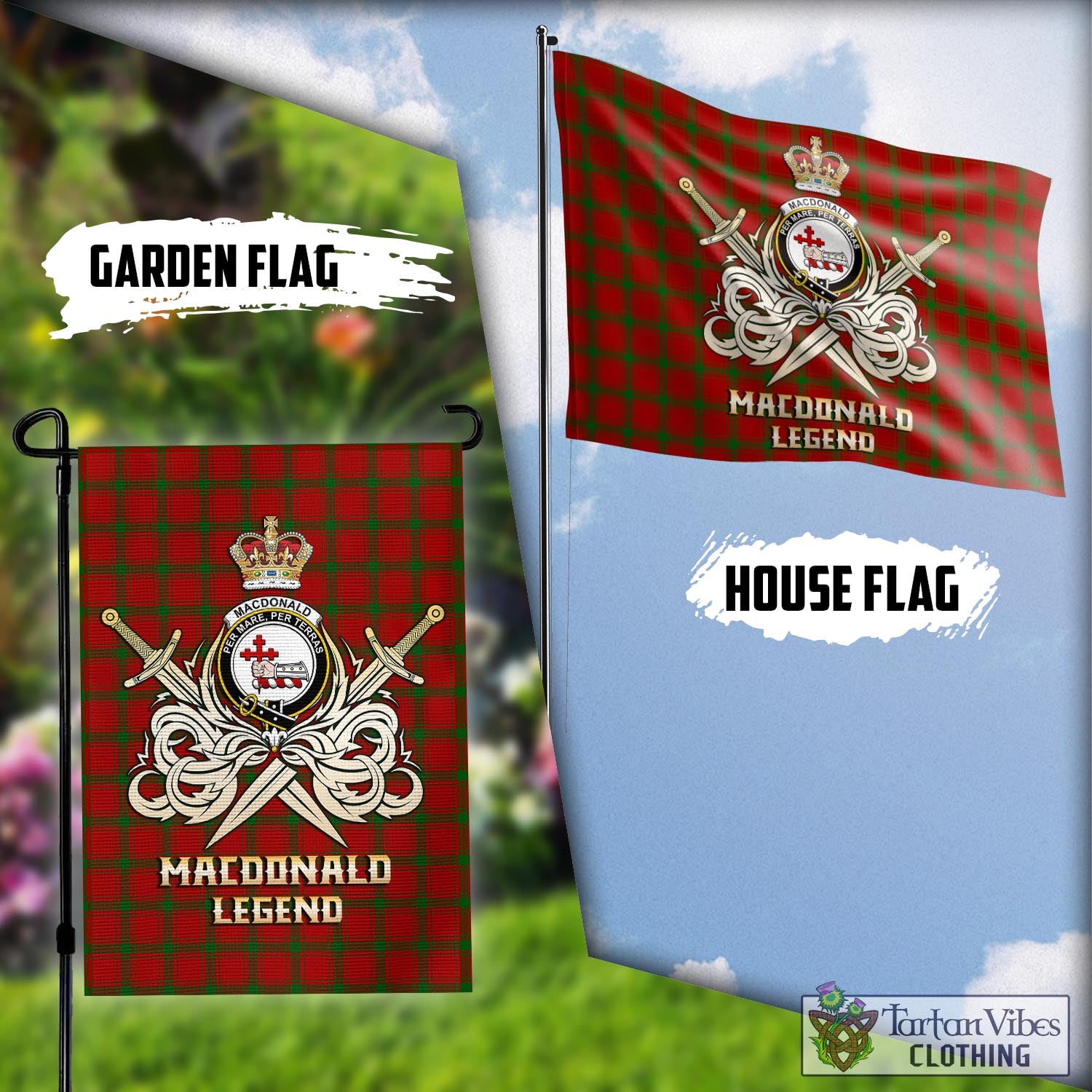 Tartan Vibes Clothing MacDonald of Sleat Tartan Flag with Clan Crest and the Golden Sword of Courageous Legacy