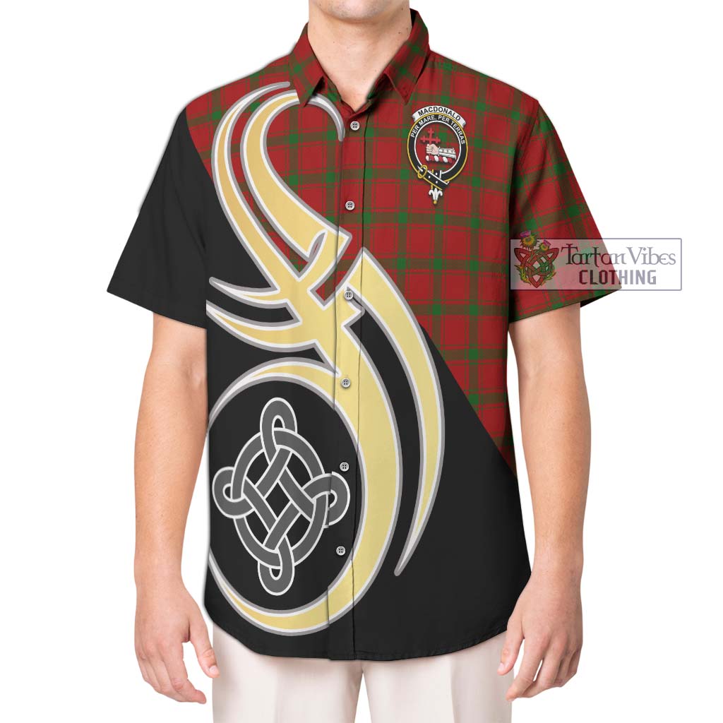 Tartan Vibes Clothing MacDonald of Sleat Tartan Short Sleeve Button Shirt with Family Crest and Celtic Symbol Style