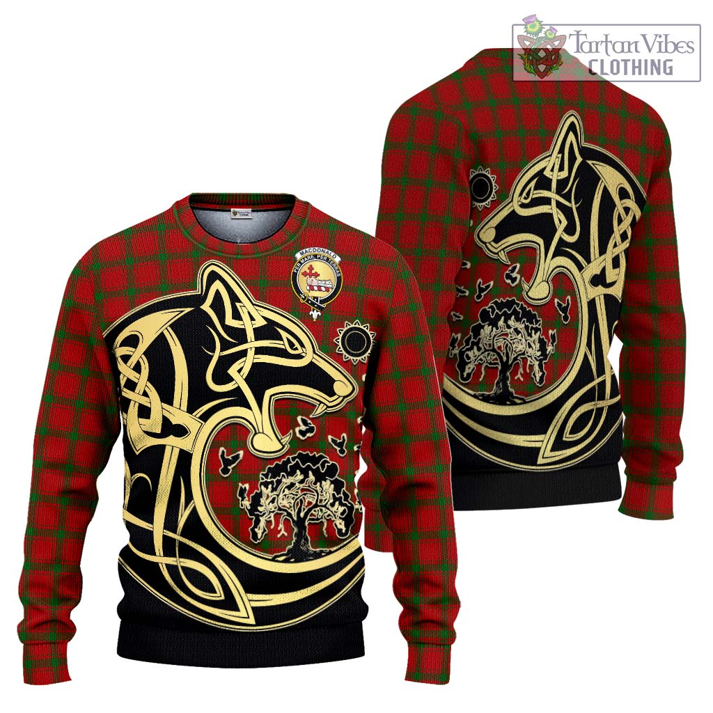 Tartan Vibes Clothing MacDonald of Sleat Tartan Knitted Sweater with Family Crest Celtic Wolf Style