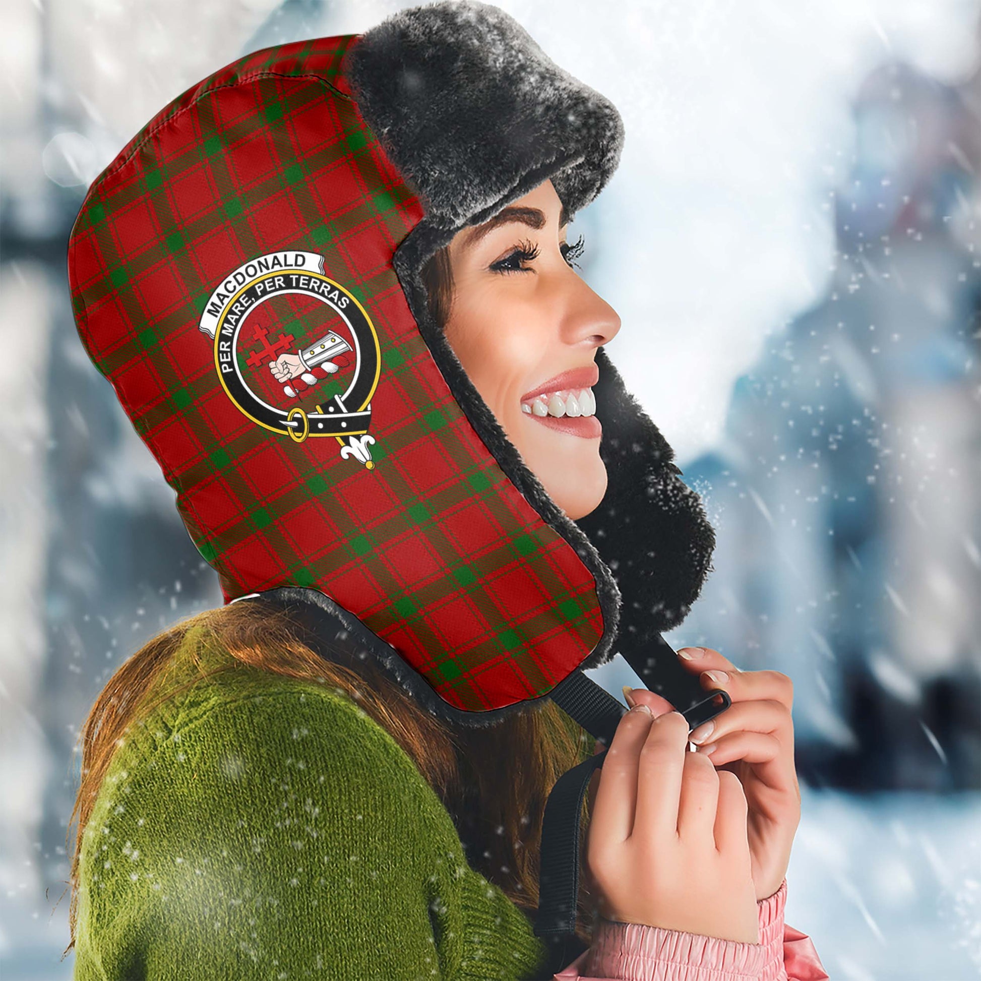 MacDonald of Sleat Tartan Winter Trapper Hat with Family Crest Winter Trapper Hat Universal Fit Circumference 22.8in (58cm) - Tartanvibesclothing