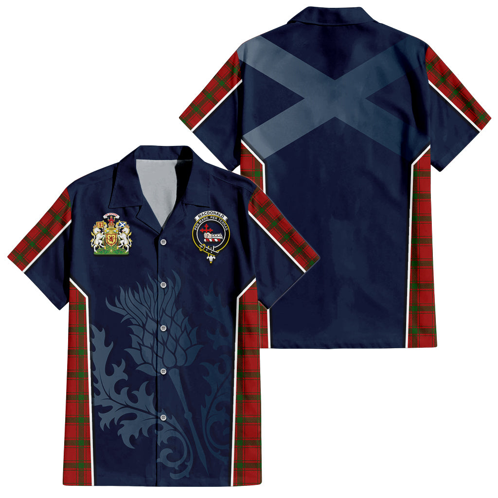 Tartan Vibes Clothing MacDonald of Sleat Tartan Short Sleeve Button Up Shirt with Family Crest and Scottish Thistle Vibes Sport Style