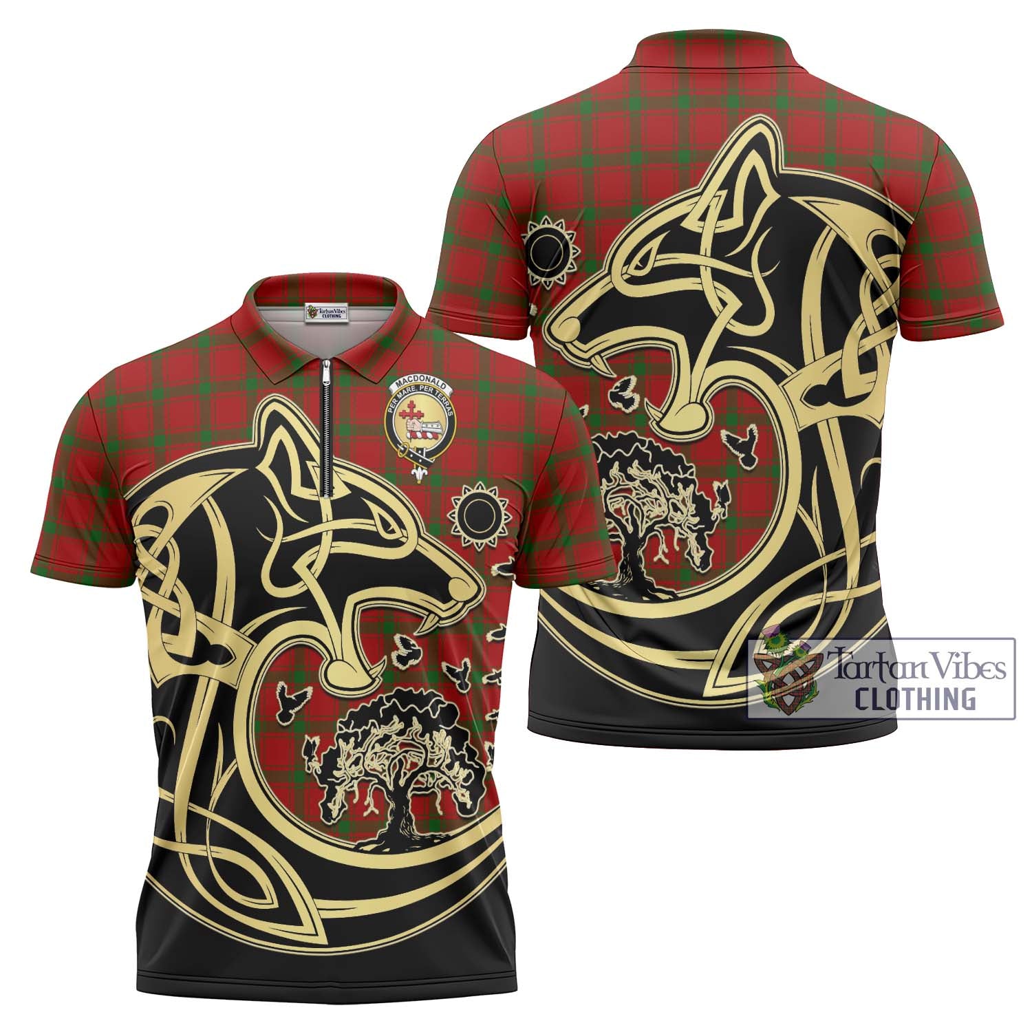 MacDonald (McDonald) of Sleat Tartan Zipper Polo Shirt with Family Crest Celtic Wolf Style Unisex - Tartanvibesclothing Shop