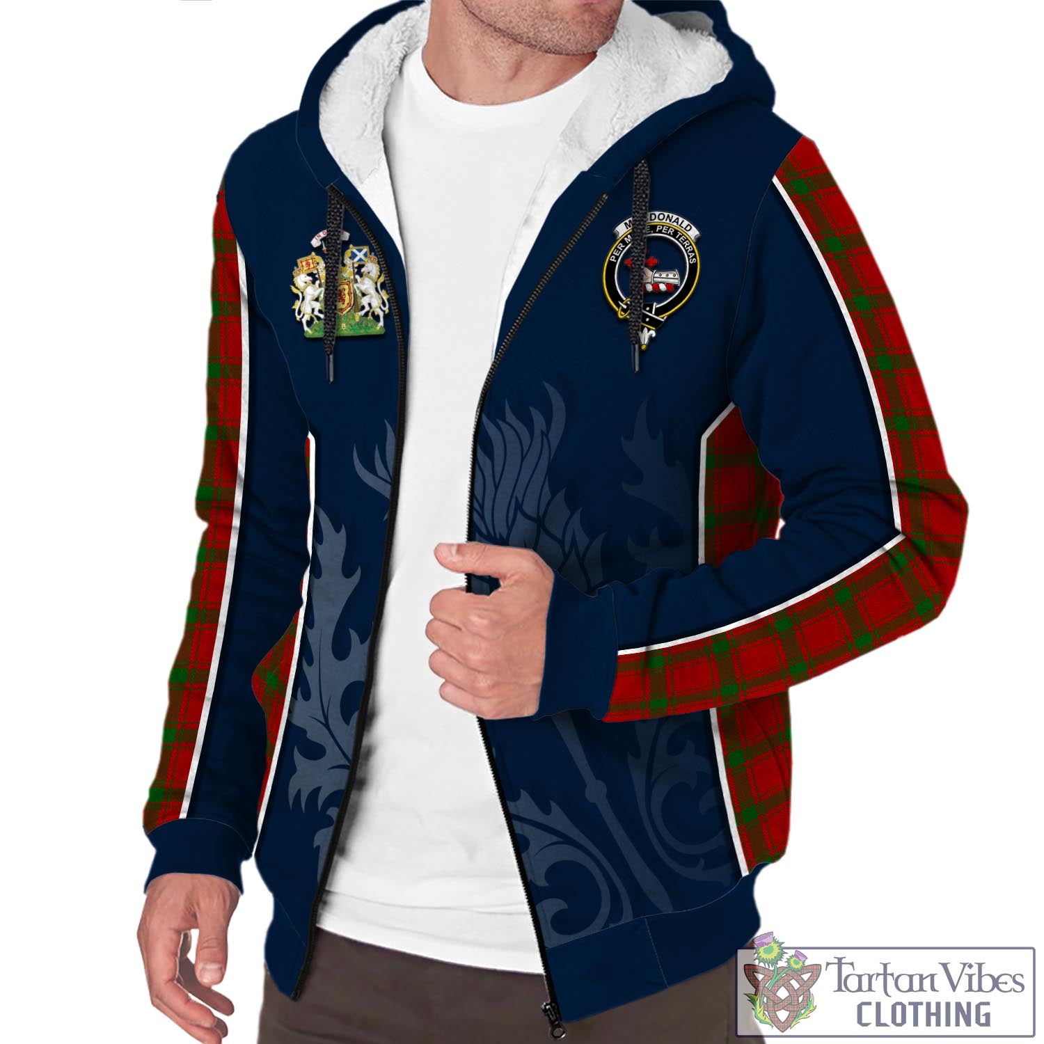 Tartan Vibes Clothing MacDonald of Sleat Tartan Sherpa Hoodie with Family Crest and Scottish Thistle Vibes Sport Style