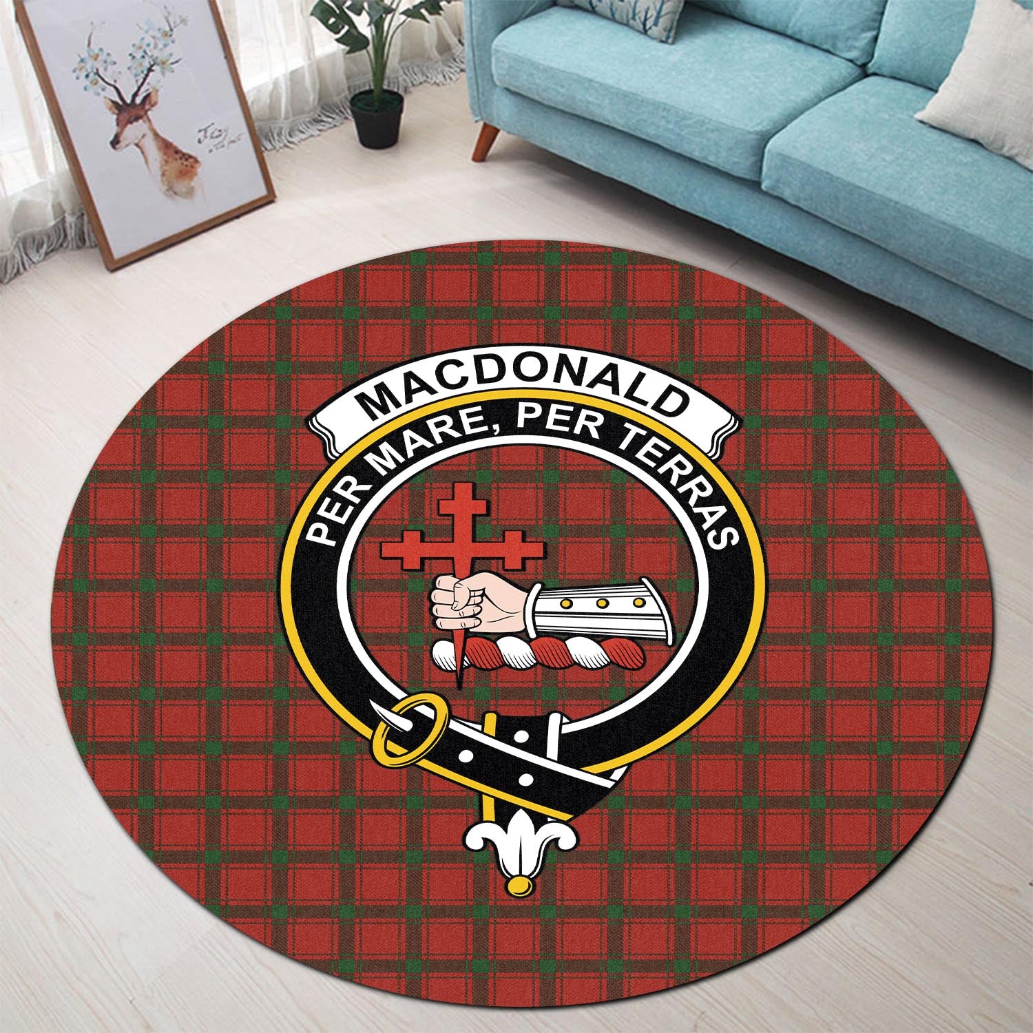 macdonald-of-sleat-tartan-round-rug-with-family-crest