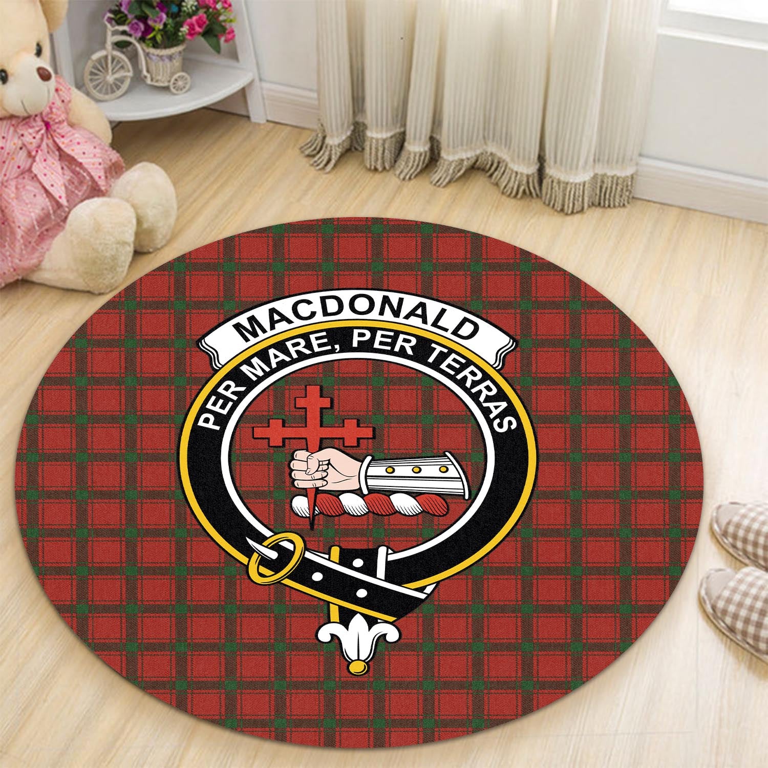 macdonald-of-sleat-tartan-round-rug-with-family-crest