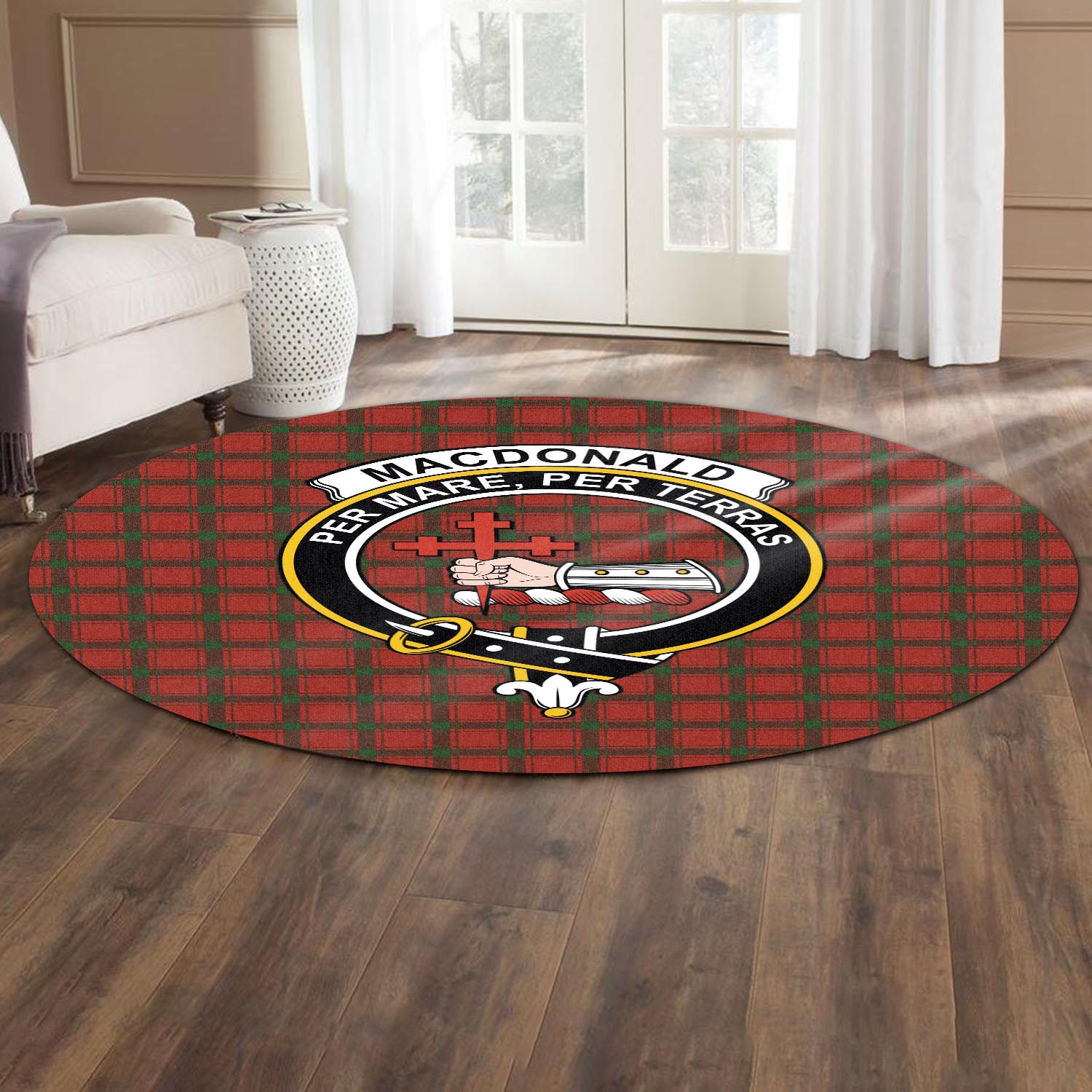 macdonald-of-sleat-tartan-round-rug-with-family-crest