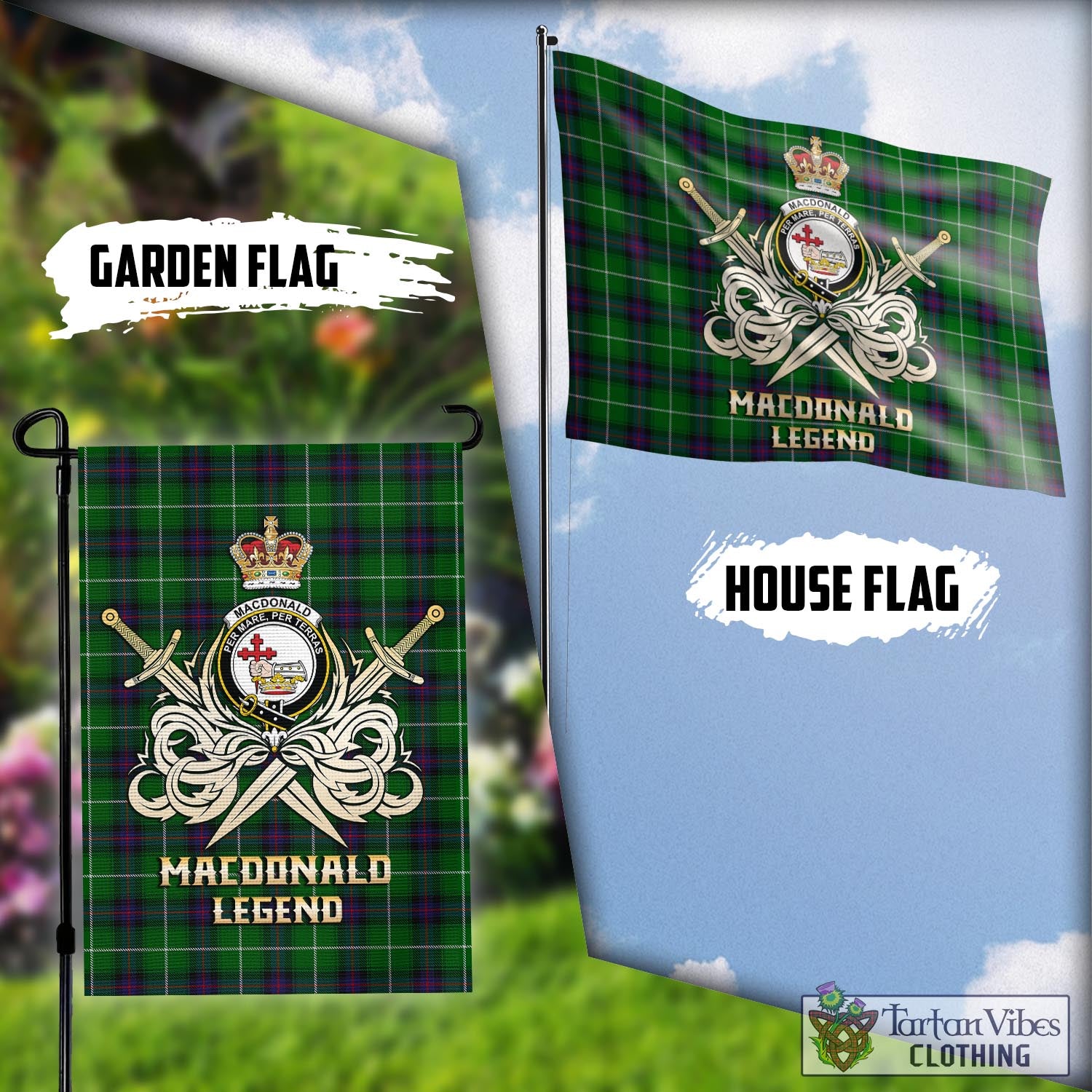 Tartan Vibes Clothing MacDonald of The Isles Tartan Flag with Clan Crest and the Golden Sword of Courageous Legacy