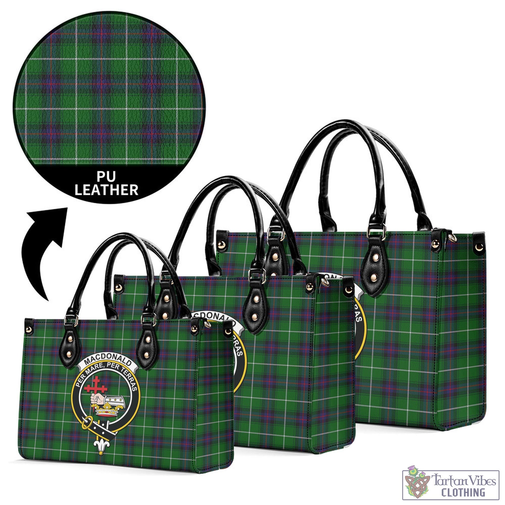 Tartan Vibes Clothing MacDonald of The Isles Tartan Luxury Leather Handbags with Family Crest