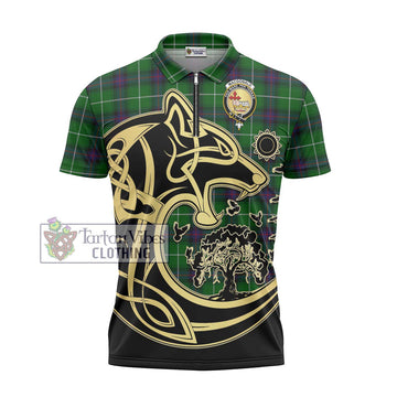 MacDonald of The Isles Tartan Zipper Polo Shirt with Family Crest Celtic Wolf Style