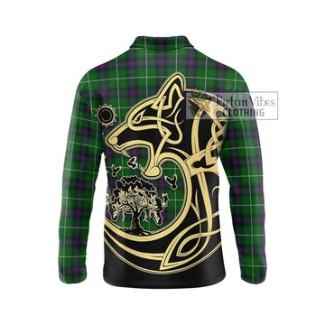 MacDonald of The Isles Tartan Long Sleeve Polo Shirt with Family Crest Celtic Wolf Style