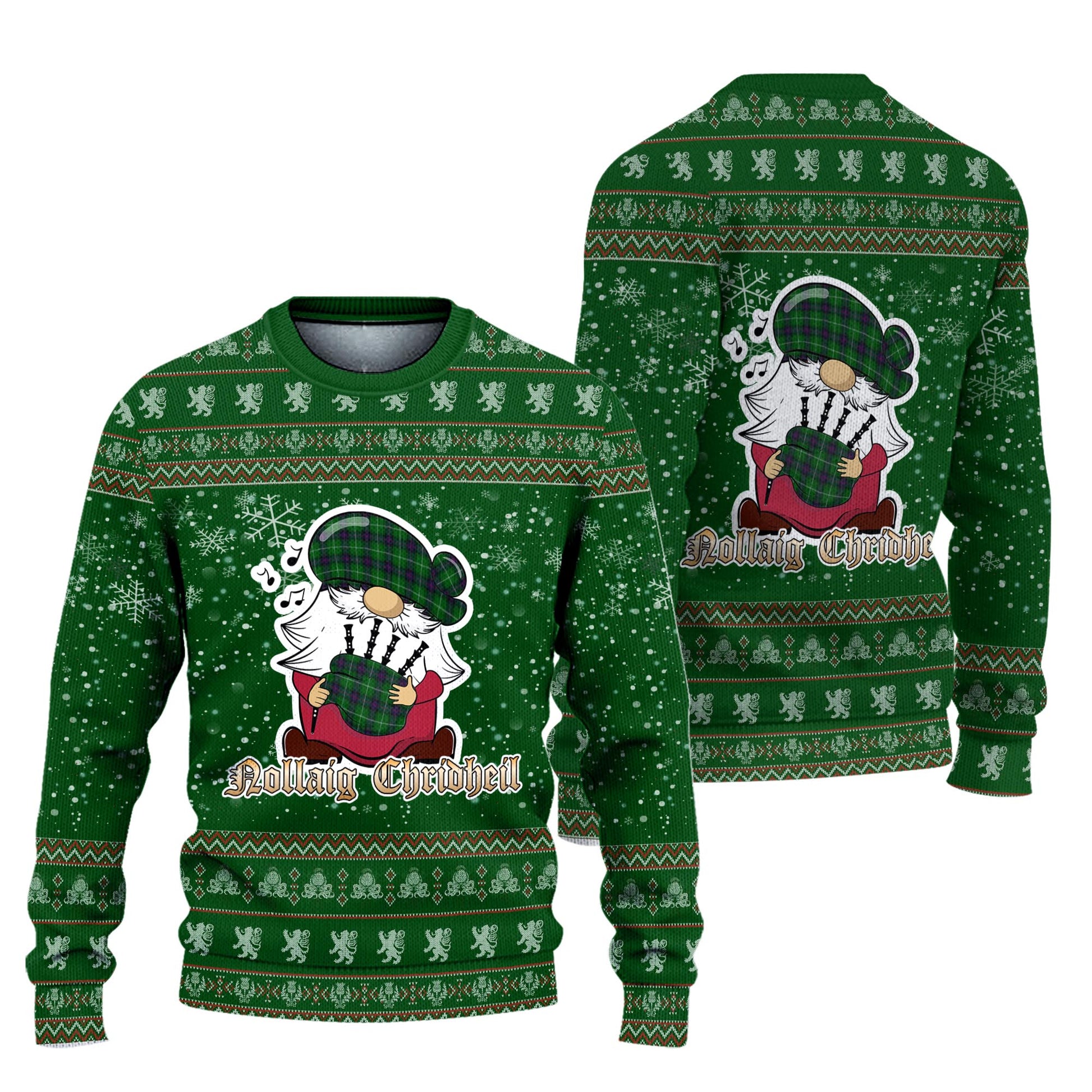 MacDonald of The Isles Clan Christmas Family Knitted Sweater with Funny Gnome Playing Bagpipes Unisex Green - Tartanvibesclothing