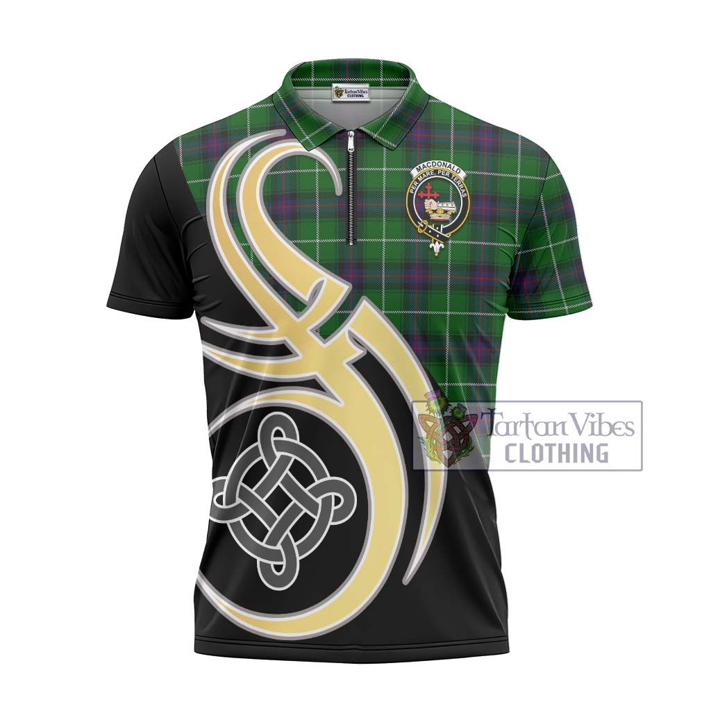 Tartan Vibes Clothing MacDonald of The Isles Tartan Zipper Polo Shirt with Family Crest and Celtic Symbol Style