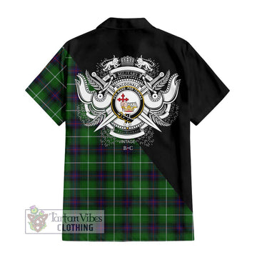 MacDonald of The Isles Tartan Short Sleeve Button Shirt with Family Crest and Military Logo Style