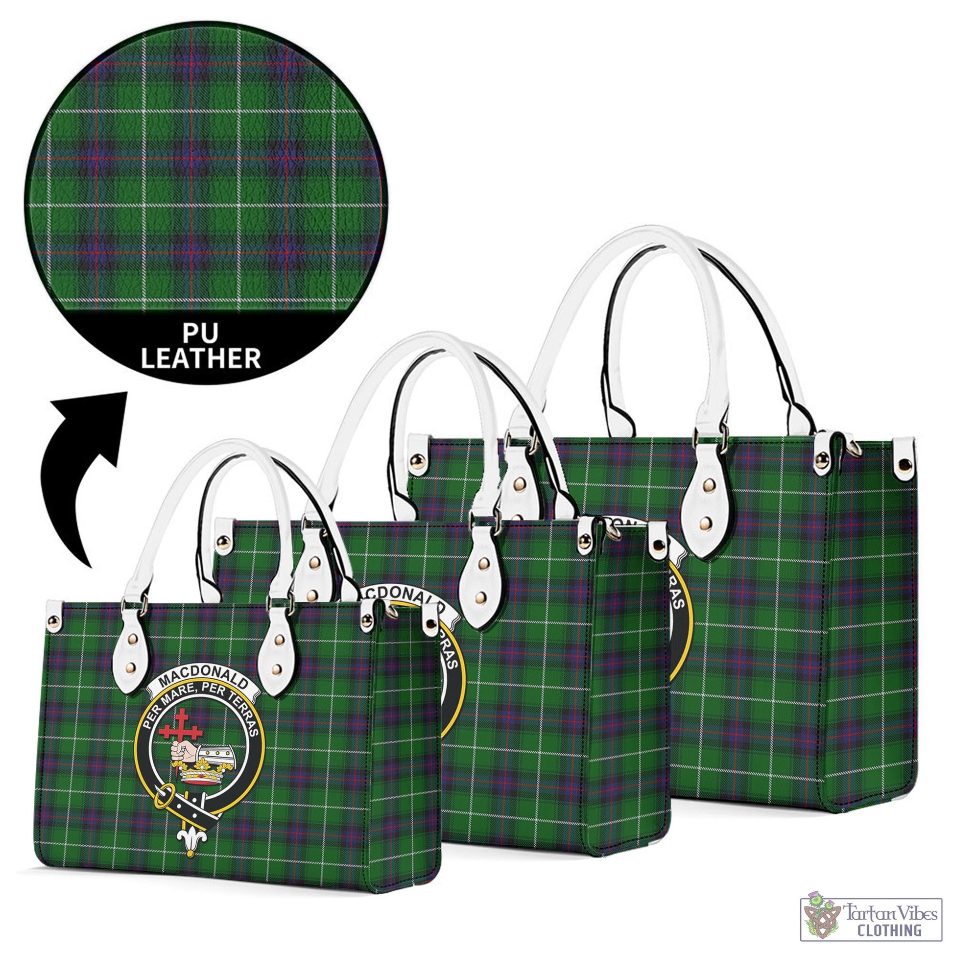 Tartan Vibes Clothing MacDonald of The Isles Tartan Luxury Leather Handbags with Family Crest