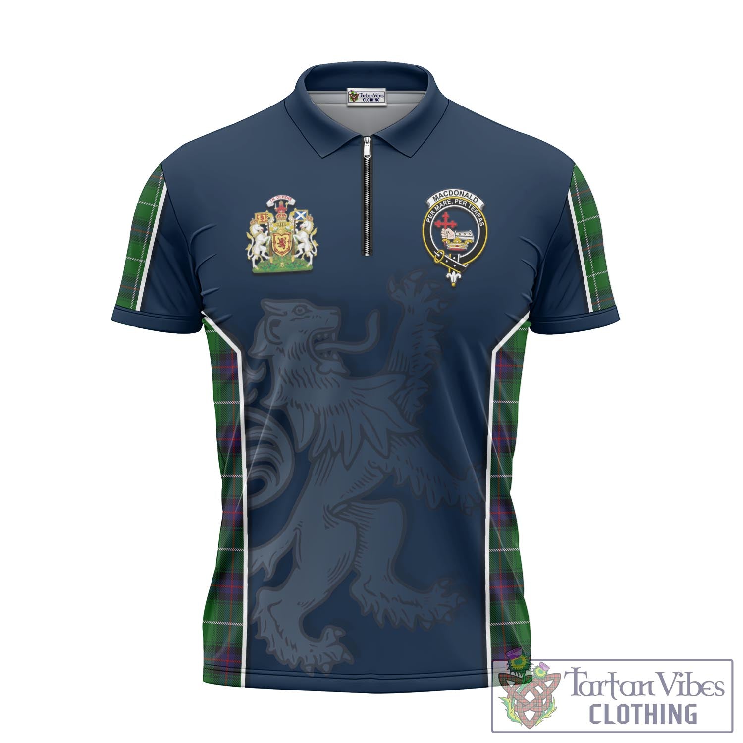 Tartan Vibes Clothing MacDonald of The Isles Tartan Zipper Polo Shirt with Family Crest and Lion Rampant Vibes Sport Style