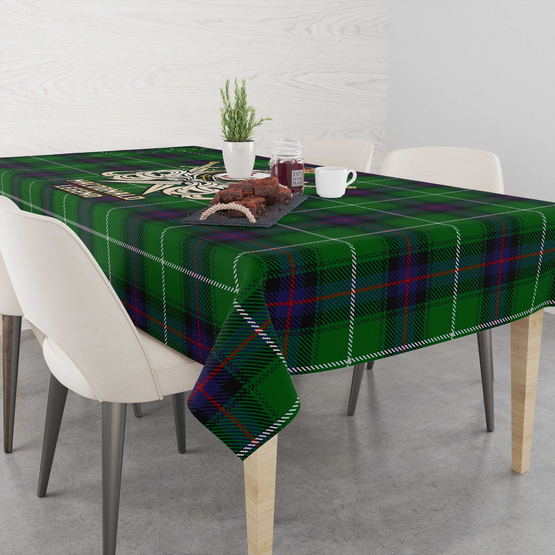 Tartan Vibes Clothing MacDonald of The Isles Tartan Tablecloth with Clan Crest and the Golden Sword of Courageous Legacy