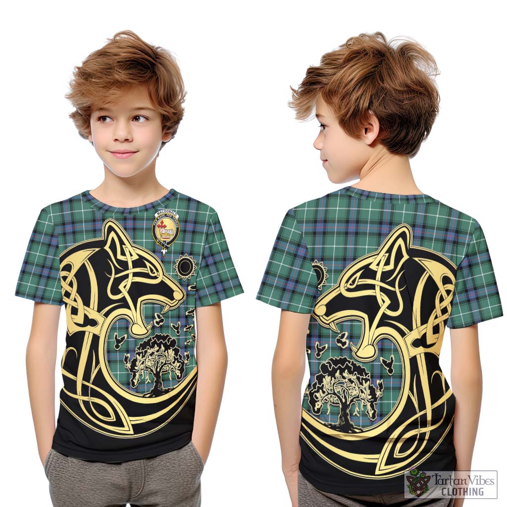 Tartan Vibes Clothing MacDonald of the Isles Hunting Ancient Tartan Kid T-Shirt with Family Crest Celtic Wolf Style