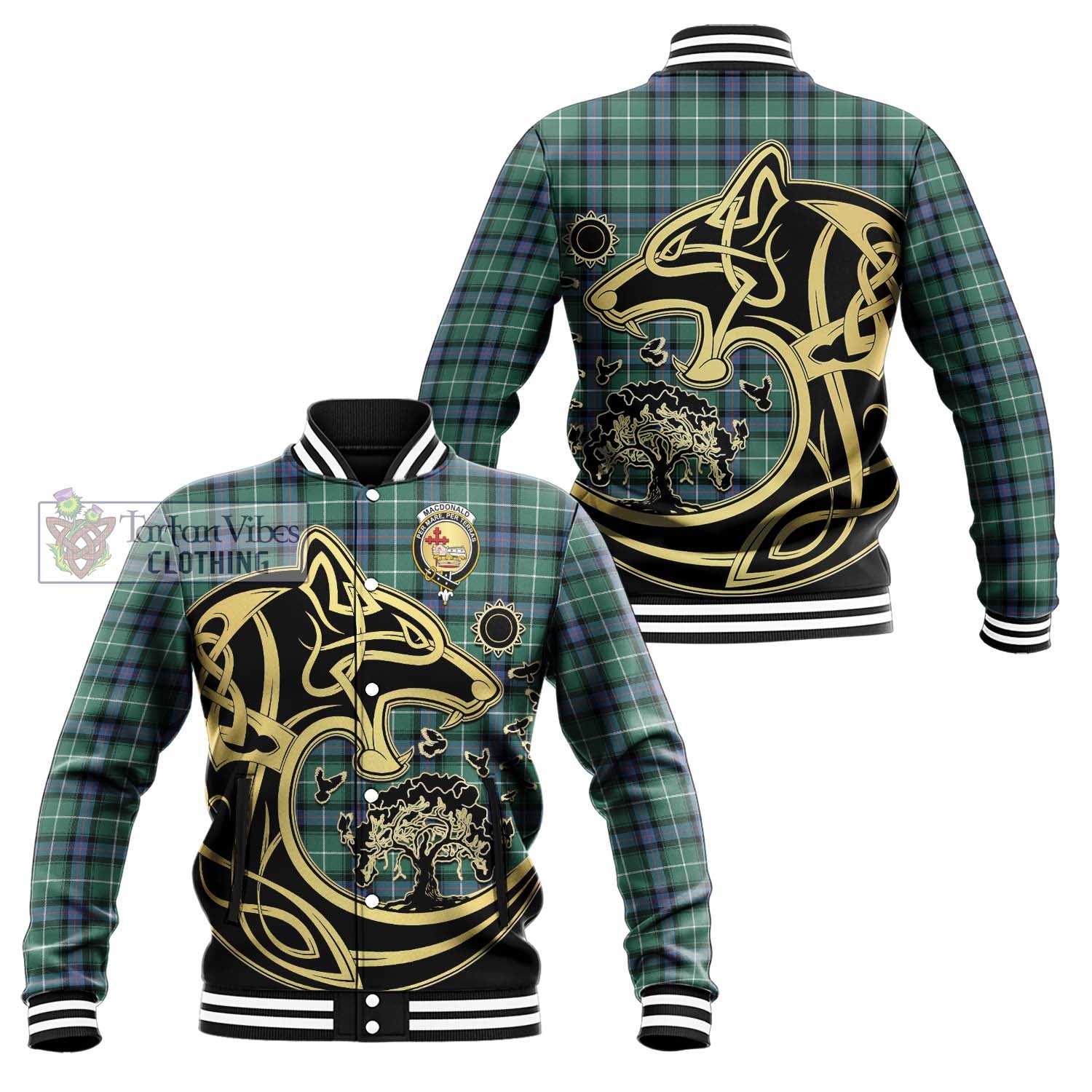 Tartan Vibes Clothing MacDonald of the Isles Hunting Ancient Tartan Baseball Jacket with Family Crest Celtic Wolf Style