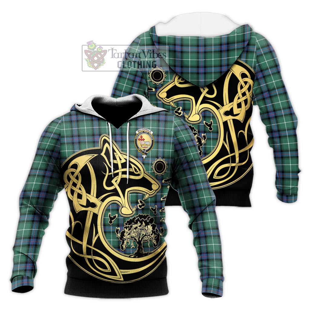 Tartan Vibes Clothing MacDonald of the Isles Hunting Ancient Tartan Knitted Hoodie with Family Crest Celtic Wolf Style